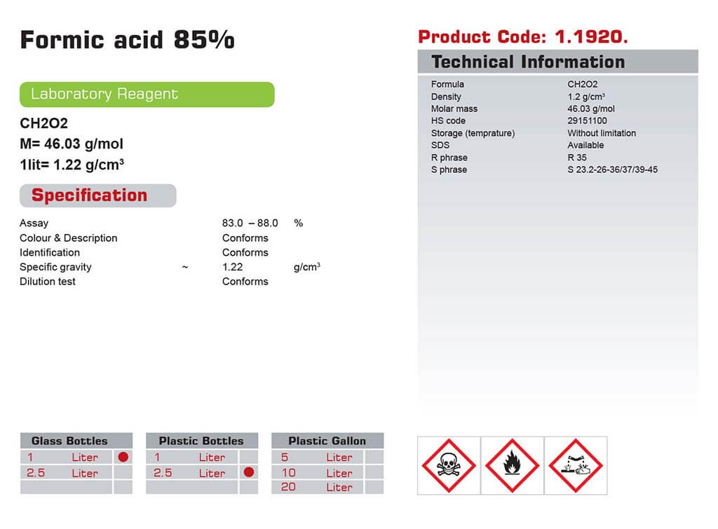 مشخصات اسید فرمیک آزمایشگاهی
